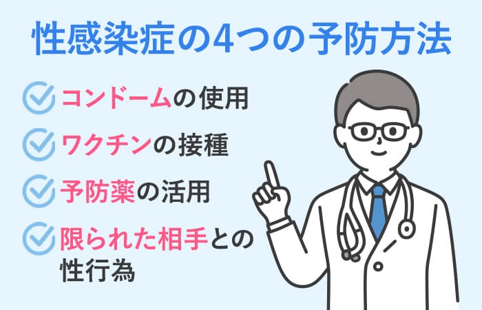 性感染症の4つの予防方法:コンドームの使用・ワクチンの接種・予防薬の活用・限られた相手との性行為